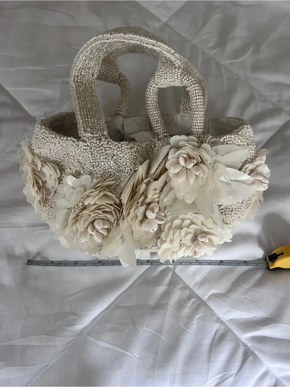 Elegant Floral Beaded Tote Bag - Cream